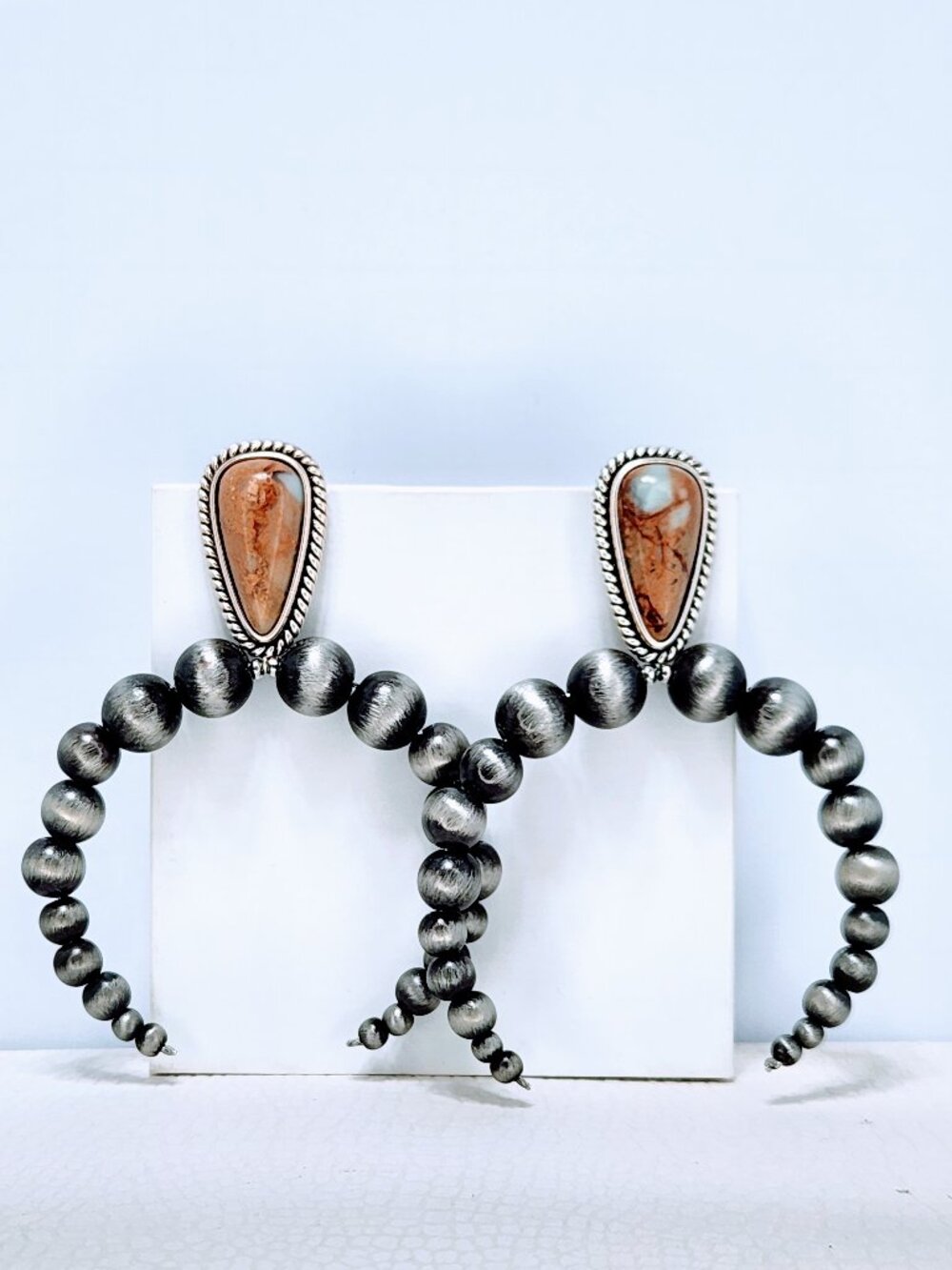 Southwestern Silvertone Navajo Pearl Hoop Earrings with Jasper Stone